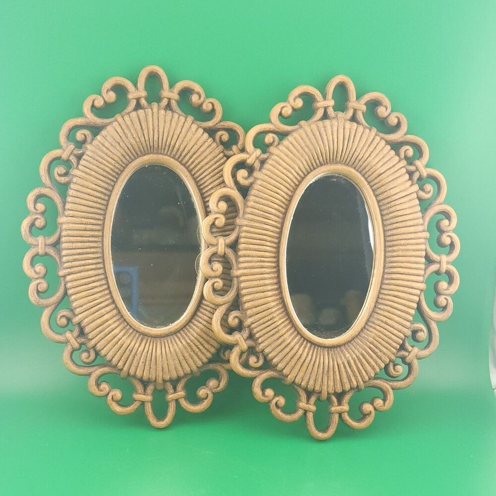 2- Vtg HOMCO Brown Rattan Wicker Mirror Accent Mirrors 2615 9.5"